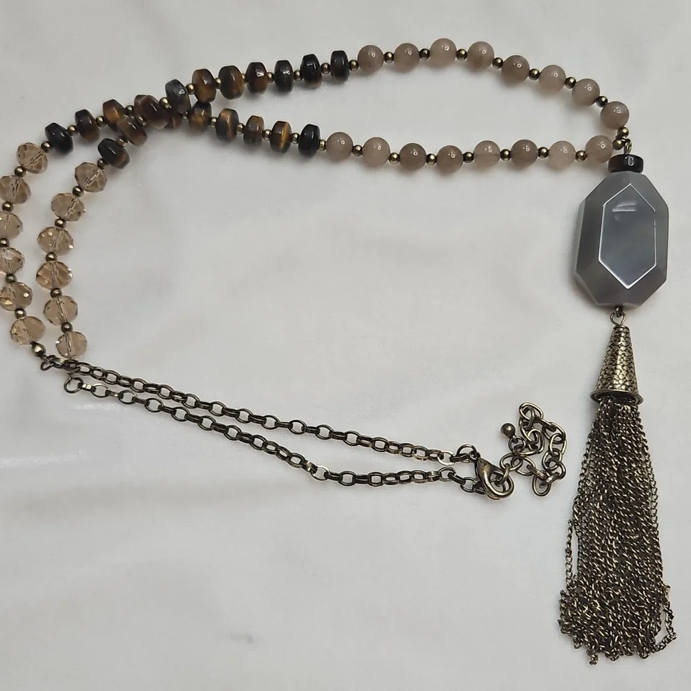 Women's Long Natural Gemstone Tiger's Eye Agate Chain Tassel Necklace NWOT